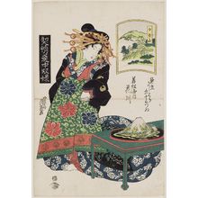 渓斉英泉: Kameyama: Hanakawa of the Wakamatsuya, from the series A Tôkaidô Board Game of Courtesans: Fifty-three Pairings in the Yoshiwara (Keisei dôchû sugoroku/Mitate Yoshiwara gojûsan tsui [no uchi]) - ボストン美術館