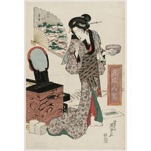 渓斉英泉: Twilight Snow at Hitsotsume in Honjo (Honjo Hitsotsume no bosetsu), from the series Eight Dates with Geisha/Eight Views on Fans (Ôgi hakkei) - ボストン美術館