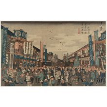 渓斉英泉: Opening Night in the Theater District for Two Theaters of Edo (Edo ryôza Shibai-machi kaomise no zu) - ボストン美術館