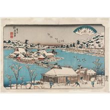 渓斉英泉: Twilight Snow at Shinobugaoka (Shinobugaoka no bosetsu), from the series Eight Views of Edo (Edo hakkei) - ボストン美術館