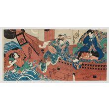 Utagawa Kunisada: Actors Ichikawa Ebizô as Kezori Kuemon (R), Iwai Shijaku as Mikuni Kojorô (C), and Ichikawa Danzô (L) - Museum of Fine Arts