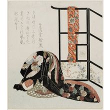 柳川重信: Surimono. Obi over screen, incense burner on tray under bamboo cage with robe lying over it. - ボストン美術館