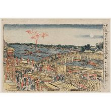 Katsushika Hokusai: Enjoying the Evening Cool Viewing Fireworks at Ryôgoku Bridge (Ryôgoku-bashi yûsuzumi hanabi kenbutsu no zu), from the series Newly Published Perspective Pictures (Shinpan uki-e) - Museum of Fine Arts