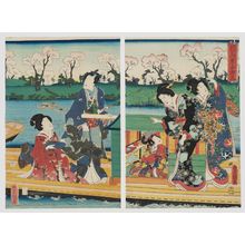 歌川国貞: Flowers and Birds: Genji and His Companions Sharing a Boat (Hana ni tori noriai Genji) - ボストン美術館