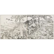 Katsushika Hokusai: Waterwheel, farmers and field (top)- Picknickers under flowering trees by the shore (bottom). From Ehon Teikin Orai, vol.1, double page from sheets 7, 8 and 4,5. - Museum of Fine Arts