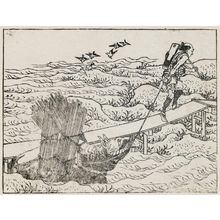 Katsushika Hokusai: A farmer on a bridge leading a bullock through water. From Ehon Teikin Orai, vol.I sheet 3, back; sheet 21, front; sheet 25, back. - Museum of Fine Arts