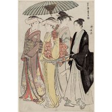 鳥居清長: Lady with Three Attendants, from the series Current Manners in Eastern Brocade (Fûzoku Azuma no nishiki) - ボストン美術館