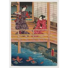 Estampe japonaise "Night Scene on a Balcony Overlooking a Pond with Carp" par Utagawa Kunisada, 歌川国貞 (Utagawa Kunisada I (Toyokuni III))