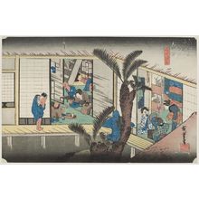 Utagawa Hiroshige: Akasaka: Inn with Serving Maids (Akasaka, ryosha shôfu no zu), from the series Fifty-three Stations of the Tôkaidô (Tôkaidô gojûsan tsugi no uchi), also known as the First Tôkaidô or Great Tôkaidô - Museum of Fine Arts