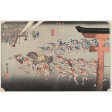 Utagawa Hiroshige: Miya: Festival of the Atsuta Shrine (Miya, Atsuta shinji), from the series Fifty-three Stations of the Tôkaidô Road (Tôkaidô gojûsan tsugi no uchi), also known as the First Tôkaidô or Great Tôkaidô - Museum of Fine Arts