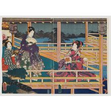 Utagawa Kunisada, 歌川国貞 (Utagawa Kunisada I (Toyokuni III))による浮世絵「Night Scene on a Balcony Overlooking a Pond with Carp」