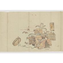 Unknown, 無款 (Artist Unknown, Japanese)による浮世絵「Fukurokuju Catching Sparrows in the Garden, from the series Games with Fukurokuju's Big Head (Fukurokuju atama no tawamure)」