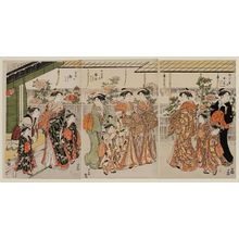 Torii Kiyonaga: Courtesans and Peonies: Katachino of the Ôgiya, kamuro Shigeno and Makino (R); Hinazuru of the Chôjiya, kamuro Kochô and Tsuruki (C); Shizuka of the Tamaya, kamuro Tatsuta and Momiji (L) - Museum of Fine Arts