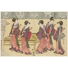 Hosoda Eishi: Five Teahouse Waitresses as the Five Men of the Karigane Gang - Museum of Fine Arts