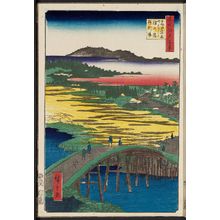 Japanese Print "Sugatami Bridge, Omokage Bridge, Jariba at Takata (Takata Sugataminohashi Omokagenohashi jariba), from the series One Hundred Famous Views of Edo (Meisho Edo hyakkei)" by Utagawa Hiroshige, 歌川広重 (Utagawa Hiroshige I)