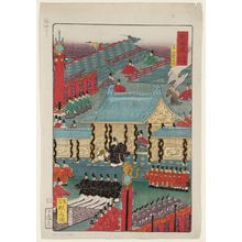 河鍋暁斎: Kyoto: The Palace Wall and the Jômeimon Gate (Kyô, Tsuiji Jômeimon), from the series Scenes of Famous Places along the Tôkaidô Road (Tôkaidô meisho fûkei), also known as the Processional Tôkaidô (Gyôretsu Tôkaidô), here called Tôkaidô meisho no uchi - ボストン美術館