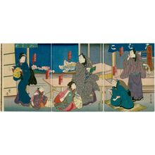 Ichiryûtei Toyohide: Actors Kataoka Gatô II as the tabacconist Sankichi and Mimasu Baisha I as Yozahei (R); Arashi Rikan III as Yamagataya Gihei and Kataoka Tsuchinosuke I as the sister (C); Kataoka Hidetarô I as the brother and Ichikawa Dannosuke V as the maid Osetsu (L) - Museum of Fine Arts