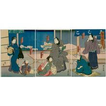 Ichiryûtei Toyohide: Actors Kataoka Gatô II as the tabacconist Sankichi and Mimasu Baisha I as Yozahei (R); Arashi Rikan III as Yamagataya Gihei and Kataoka Tsuchinosuke I as the sister (C); Kataoka Hidetarô I as the brother and Ichikawa Dannosuke V as the maid Osetsu (L) - ボストン美術館