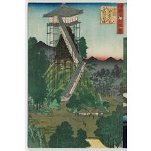 Utagawa Hiroshige II: Kannon Hall Built on a Cliff at Kasamori-ji Temple in Kazusa Province (Kazusa Kasamori-ji iwazukuri Kannon), from the series One Hundred Famous Views in the Various Provinces (Shokoku meisho hyakkei) - Museum of Fine Arts