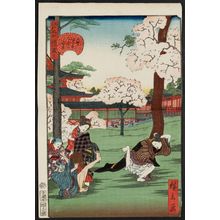 Utagawa Hirokage: No. 21, Cherry-blossom Viewing at the Middle Hall and the Double Hall in Ueno (Ueno Chûdô Futatsu-dô no hanami), from the series Comical Views of Famous Places in Edo (Edo meisho dôke zukushi) - Museum of Fine Arts