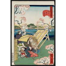 Utagawa Hirokage: No. 8, Spring on the Sumida River Embankment (Sumida-zutsumi no yayoi), from the series Comical Views of Famous Places in Edo (Edo meisho dôke zukushi) - Museum of Fine Arts