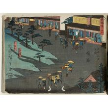 Utagawa Hiroshige: No. 40 - Narumi: Arimatsu Village and Shops Selling the Famous Tie-dyed Fabric (Meibutsu shibori mise, Arimatsu sato), from the series The Tôkaidô Road - The Fifty-three Stations (Tôkaidô - Gojûsan tsugi no uchi) - Museum of Fine Arts