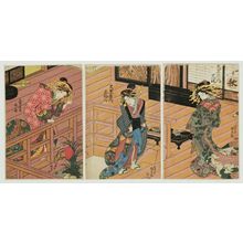 Utagawa Kunisada: Autumn (Aki): Courtesans of the Daikokuya: Ôhama (R), Miwayama (C), Utaôgi (L), from the series The Four Seasons (Shiki no uchi) - Museum of Fine Arts