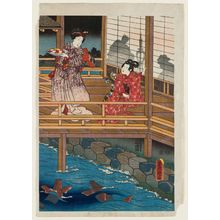 Estampe japonaise "Night Scene on a Balcony Overlooking a Pond with Carp" par Utagawa Kunisada, 歌川国貞 (Utagawa Kunisada I (Toyokuni III))