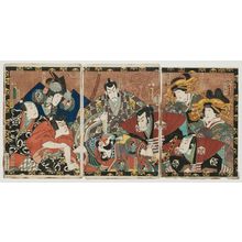 Utagawa Kunisada: Actors Onoe Baikô IV as Ôiso no Tora, Iwai Kumesaburô III as Kewaizaka no Shôshô, Arashi Kichisaburô III as Hachiman Saburô (?) - Museum of Fine Arts