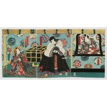 Utagawa Kunisada: Actors Sawamura Tosshô II as Ashikaga Yoshiteru (R), Onoe Waichi II as Ishikawa Goemon (C), and Iwai Kumesaburô III as the Courtesan (Keisei) Takigawa (L) - Museum of Fine Arts