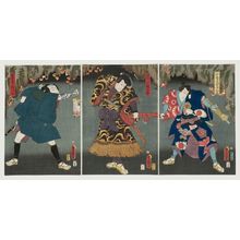 Japanese Print "Actors Kawarazaki Gonjûrô I as Sanza's brother Nagoya Sanpei (R), Bandô Kamezô I as the Thief (Tôzoku) Kojigokutarô (C), and Nakamura Shikan IV as Nagoya shita Sarujirô (L)" by Utagawa Kunisada, 歌川国貞 (Utagawa Kunisada I (Toyokuni III))