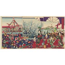 豊原周延: Illustration of an Explosion from a Torpedo in the Sumida River During a Festival with Boat Races (Sumida kawabata ni oite ... suiraika haretsu no zu) - ボストン美術館