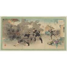 安達吟光: Having Destroyed Magongcheng with Their Own Hands, the Enemy Soldiers Flee. Our Army's Great Victory (Tekihei mizukara Bakôjô o bakuhatsu shite tonsô su waga gun daishôri) - ボストン美術館