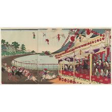 Toyohara Chikanobu: Illustration of the Opening Ceremony of the Union Horse Racing Club's Racetrack around Shinobazu Pond in Ueno Park (Ueno Shinobazu kyôdô keiba kaisha kaigyôshiki no zu) - Museum of Fine Arts