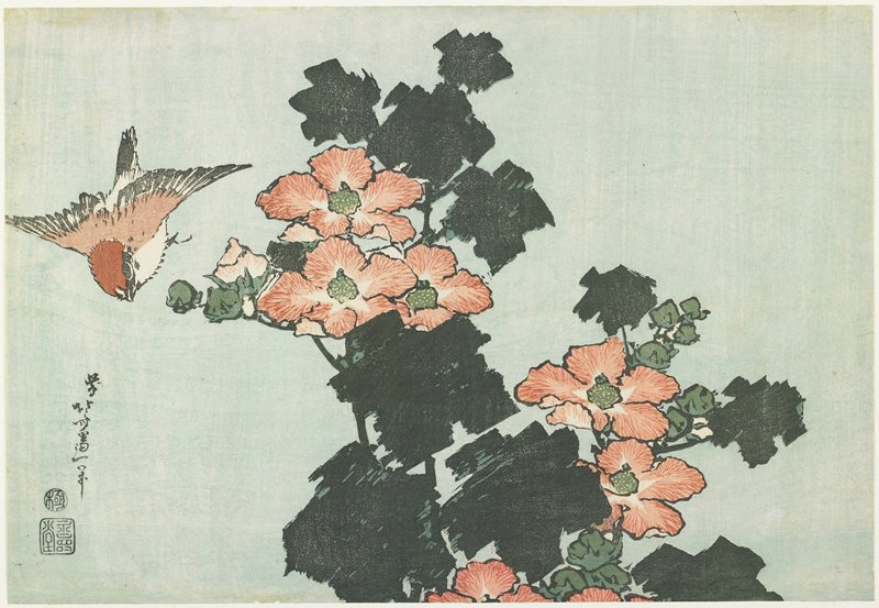 葛飾北斎: Hibiscus and Sparrow, from an untitled series known as Large Flowers  - ボストン美術館 - 浮世絵検索