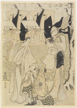 鳥居清長: (Scene from a Kabuki Play with Musicians and Three Actors) - ミネアポリス美術館