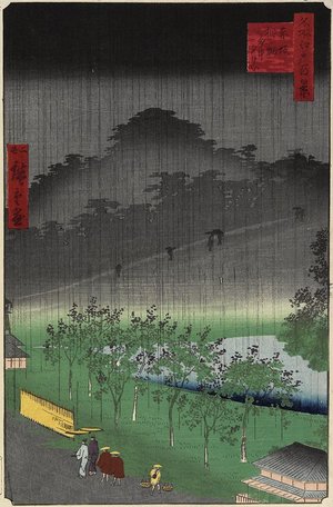 Utagawa Hiroshige II: Evening View, Paulownia Plantation at Akasaka in Downpour - Minneapolis Institute of Arts 