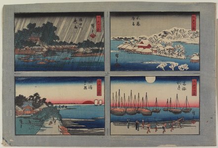 Utagawa Hiroshige: Evening Snow at Shinobazu, Autumn Moon at Takanawa, Sun Rise at Susaki, Night Rain at Sumida River - Minneapolis Institute of Arts 