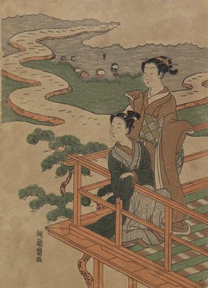 磯田湖龍齋: Man and Woman on Veranda above Rice Paddies - ミネアポリス美術館