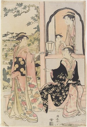 鳥居清長: Four women in Mitate as Ushiwaka Serenading Jo-ruri-hime - ミネアポリス美術館
