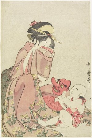 喜多川歌麿: Woman Playing with a Child with a Tengu Mask - ミネアポリス美術館