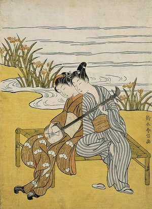 Suzuki Harunobu: Lovers Playing the Same Shamisen as a Mitate of Emperor Xuanzong and Yang Guifei - Minneapolis Institute of Arts 