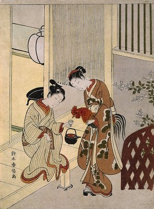 鈴木春信: Lovers Plying a Rooster with Sake - ミネアポリス美術館