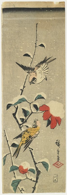 Utagawa Hiroshige: Sparrows and Snowy Camellia - Minneapolis Institute of Arts 