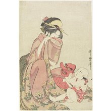 喜多川歌麿: Woman Playing with a Child with a Tengu Mask - ミネアポリス美術館