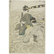 歌川豊国: (Two Women Crossing a River on the Shoulders of Coolies) - ミネアポリス美術館