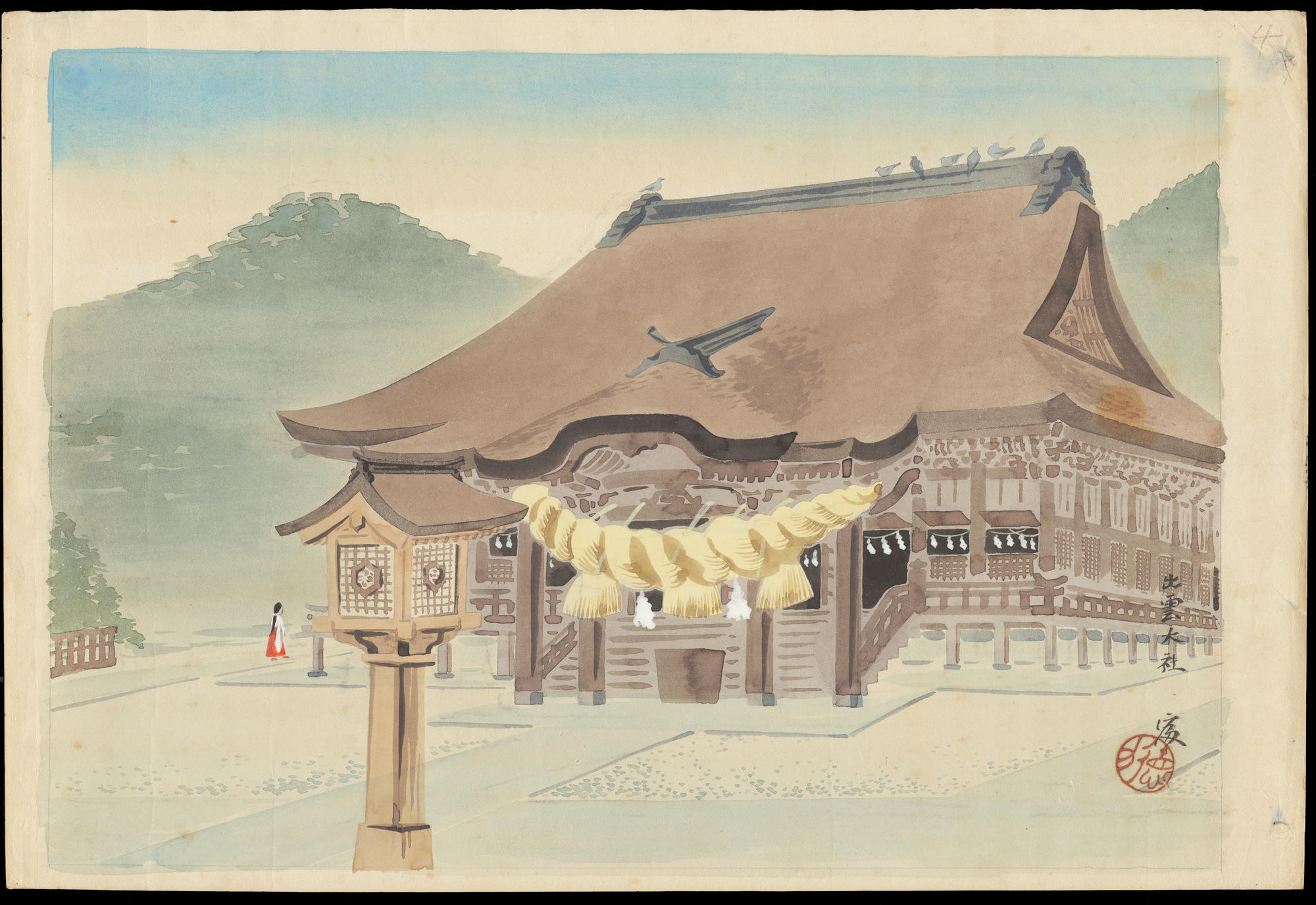 Мир идзумо и царство такама. Японская архитектура эпоха Сенгоку. Идзумо тайся храм иллюстрация. Гравюры со святилищем Япония. Император в Великом святилище Исэ гравюра.