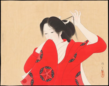 Kaburagi Kiyokata: Bijin in Red Kimono (1) - Ohmi Gallery