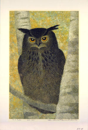 Katsuda, Yukio: No. 163 - White Birch and Horned Owl - 白樺とみみずく - Ohmi Gallery