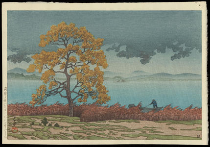川瀬巴水: Rain on Lake Matsue - 湖畔の雨 - Ohmi Gallery